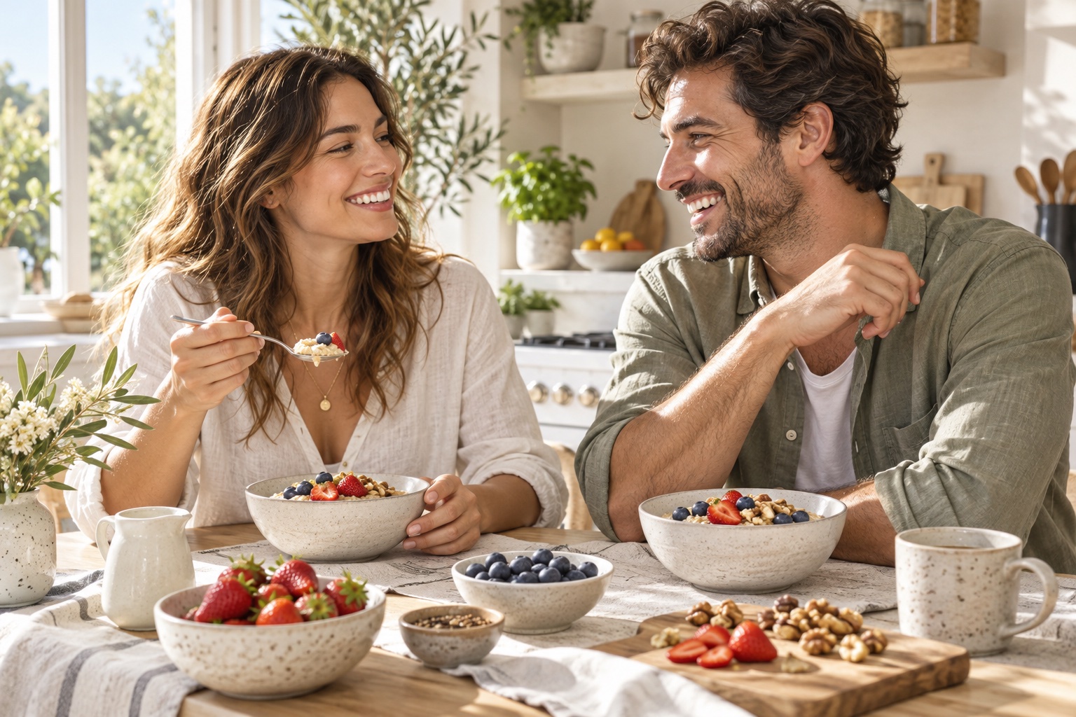 A couple enjoying berry oatmeal together in a sunlit kitchen