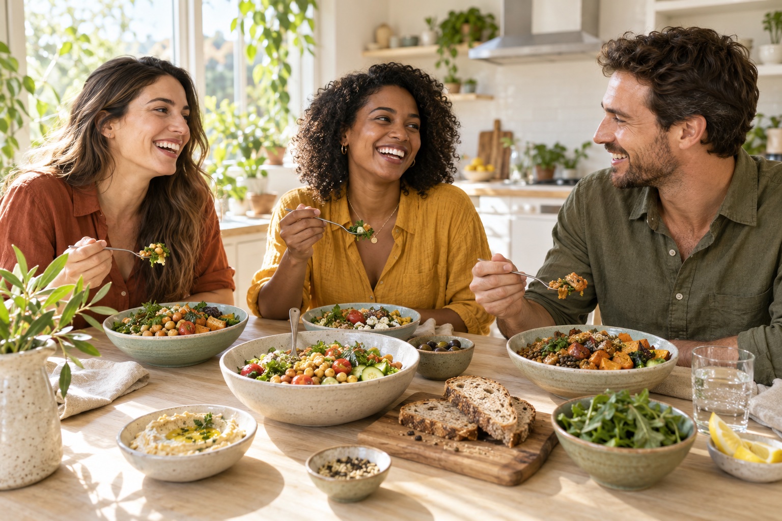 Friends smiling as they share colorful vegetable and grain bowls at lunch