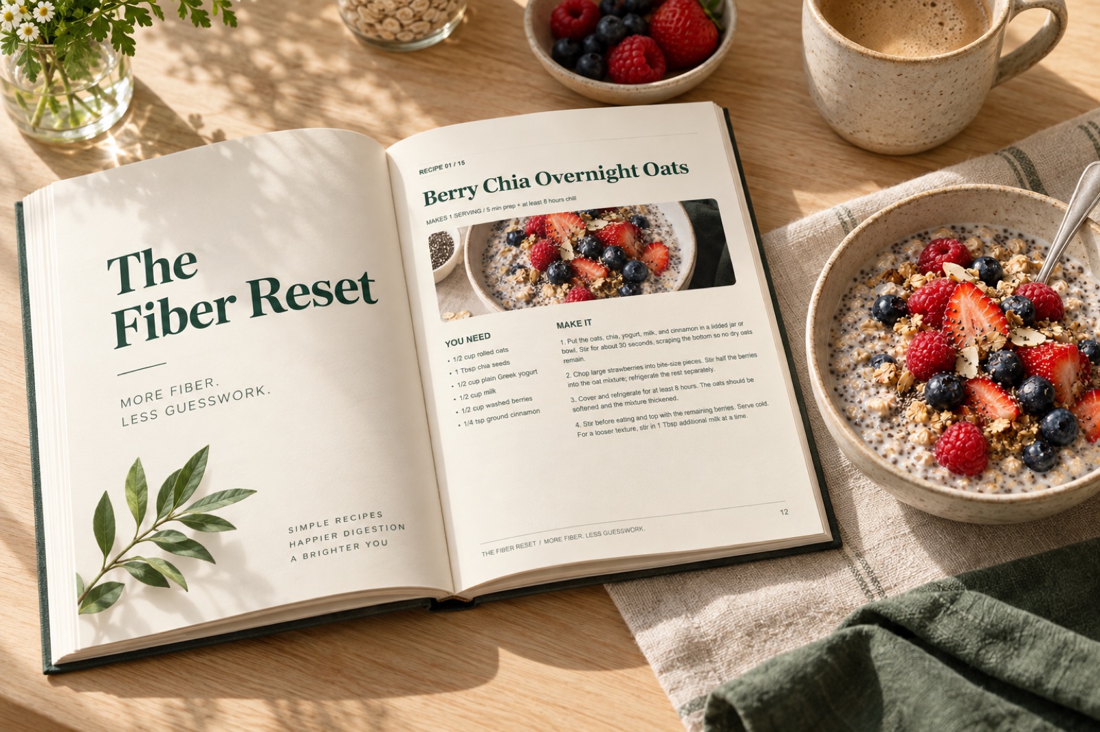 The Fiber Reset guide open on a kitchen table beside berry chia overnight oats
