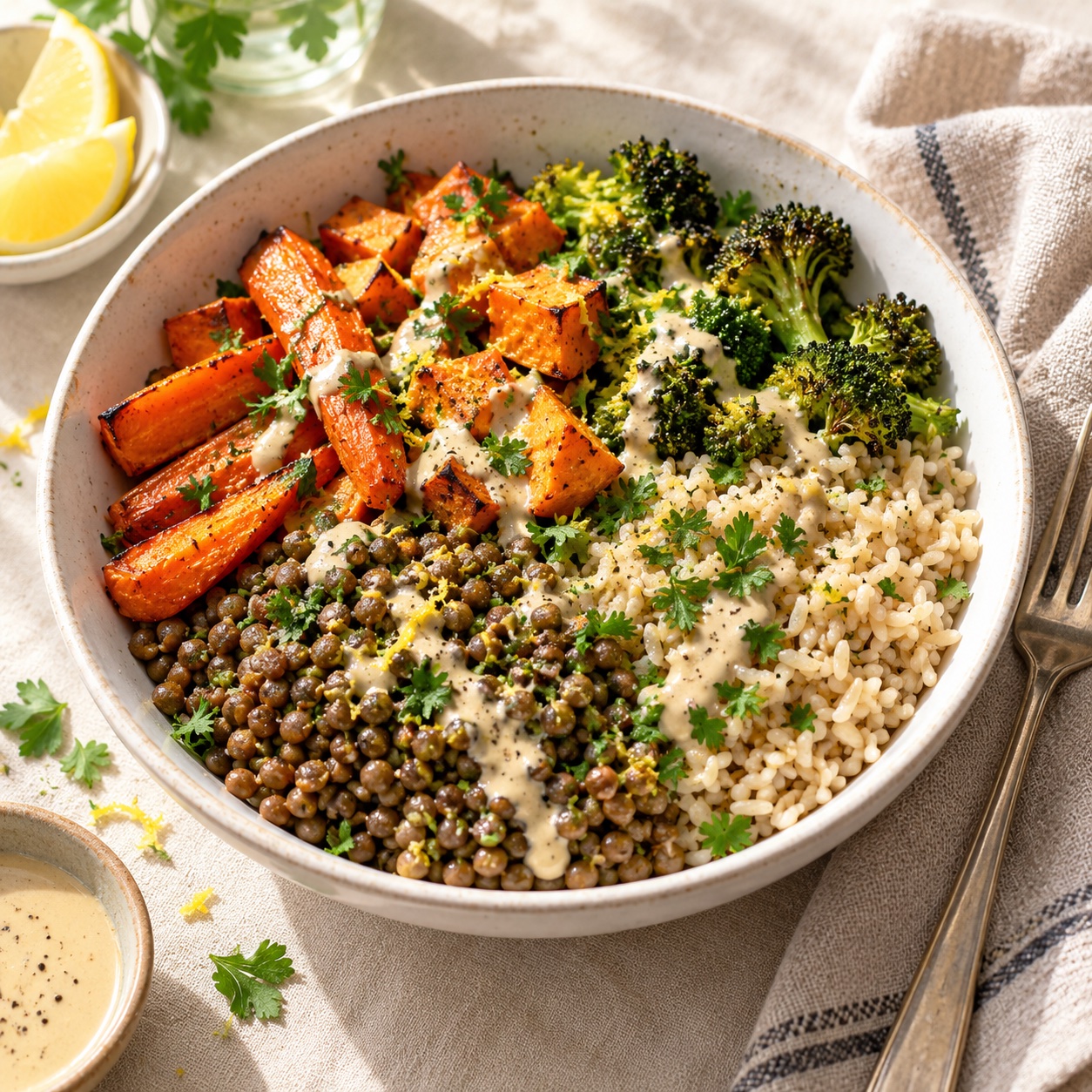 Lentils, wholegrain rice, and colorful roasted vegetables in a bowl